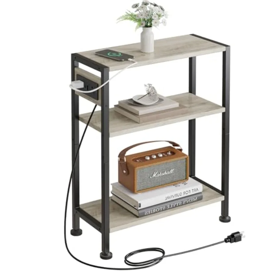 End Table with Charging Station 3-Tier Side Table for Small Space Skinny Nightstand with USB/Type C Port and 2 Outlets Slim Sof