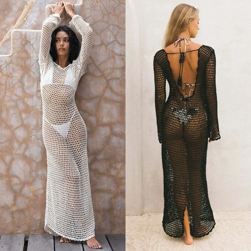 Para Praia Hollow Out Knitted Long Dress 2025 Beach Dress Bikini Cover Swimwear Cover Ups Sexy Beach Outfits for Women Beachwear