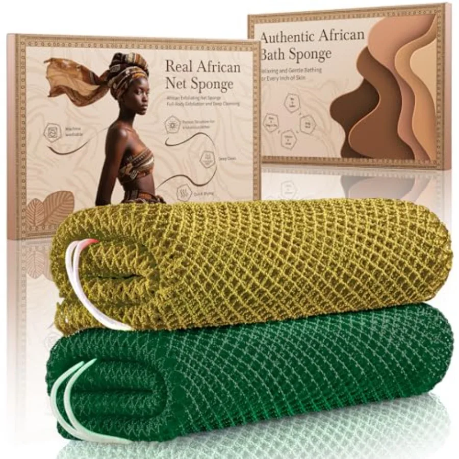 African Net Sponge Authentic 2 Pieces Gentle Exfoliating Body Scrubber Bath Sponges for All Skin Types, African Exfoliating Net