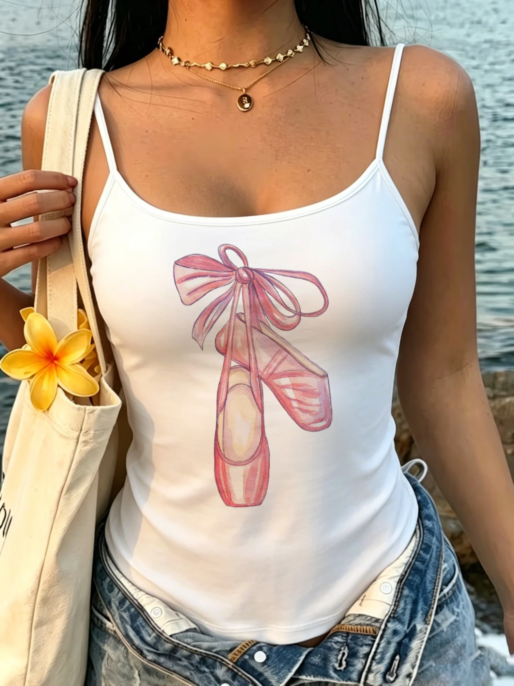 Balletcore Coquette Women Tank Top Pink Ballet Shoes Graphic Spaghetti Strap Camisole Slim Fit Summer Sleeveless Shirt