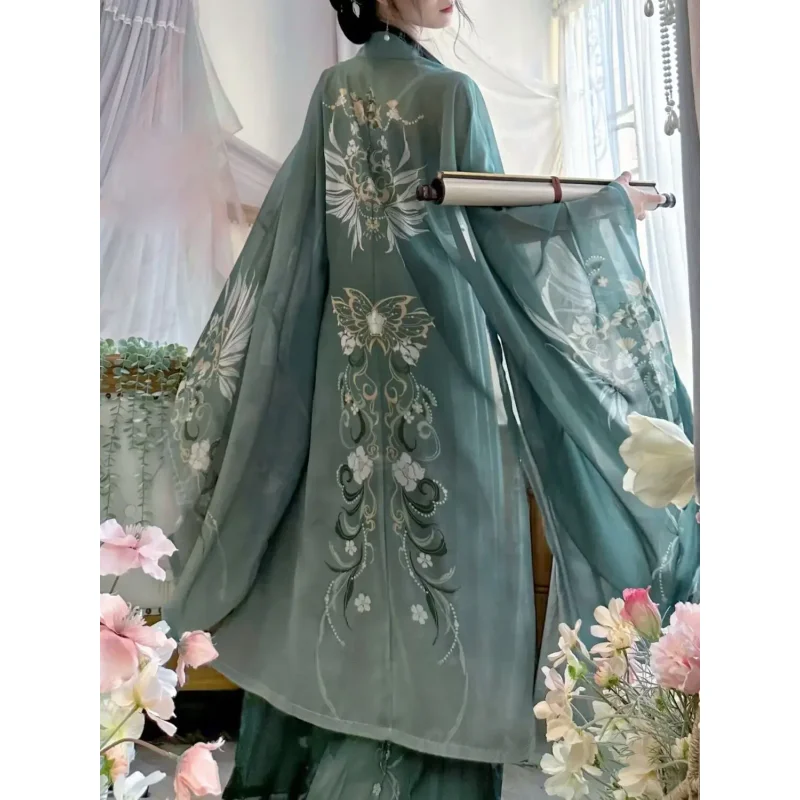 Hanfu chino tradicional Vintage para mujer, disfraz de Halloween, vestido Hanfu verde estampado, conjuntos de 3 uds de talla grande XL