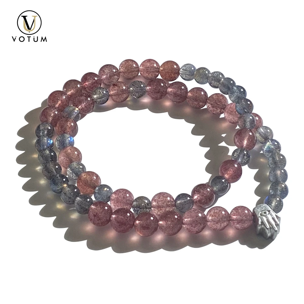 

Votum Natural Strawberry Quartz Grey Moonstone Beaded Bracelet with 925 Silver Fadima Charm Crystal Bracelets for Women Jewelry