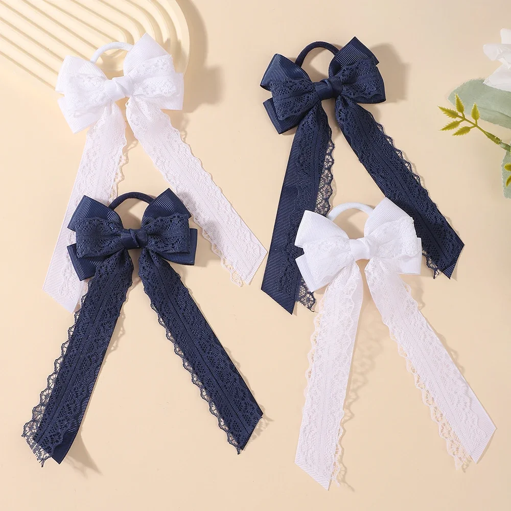 2Pcs Long Lace Streamer Bow Hair Ties Glitter Center Elastic Hair Bands Little Girls Ponytail Holder Party Hair Accessories Set