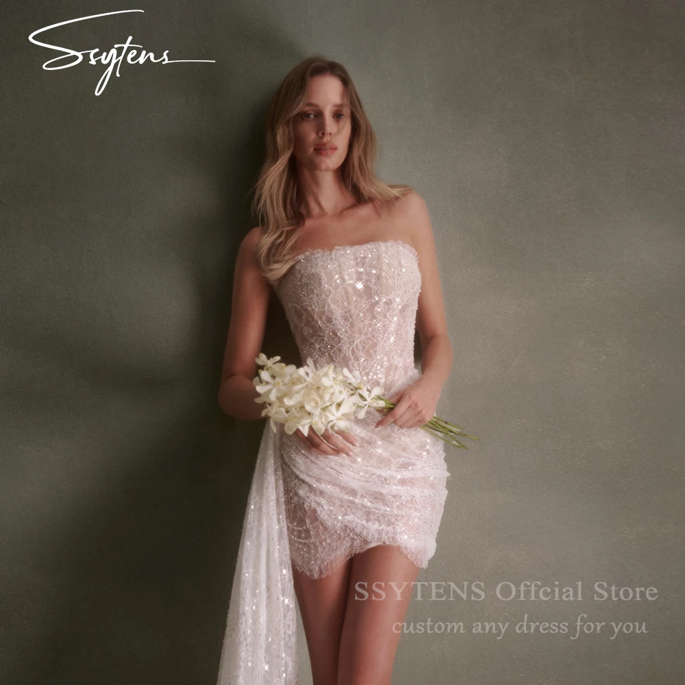 

SSYTENS Glitter Mini Wedding Dresses Ivory Lace Pleats Bridal Gowns Sequined Sleeveless Coacktail Wedding Party Gowns Customized