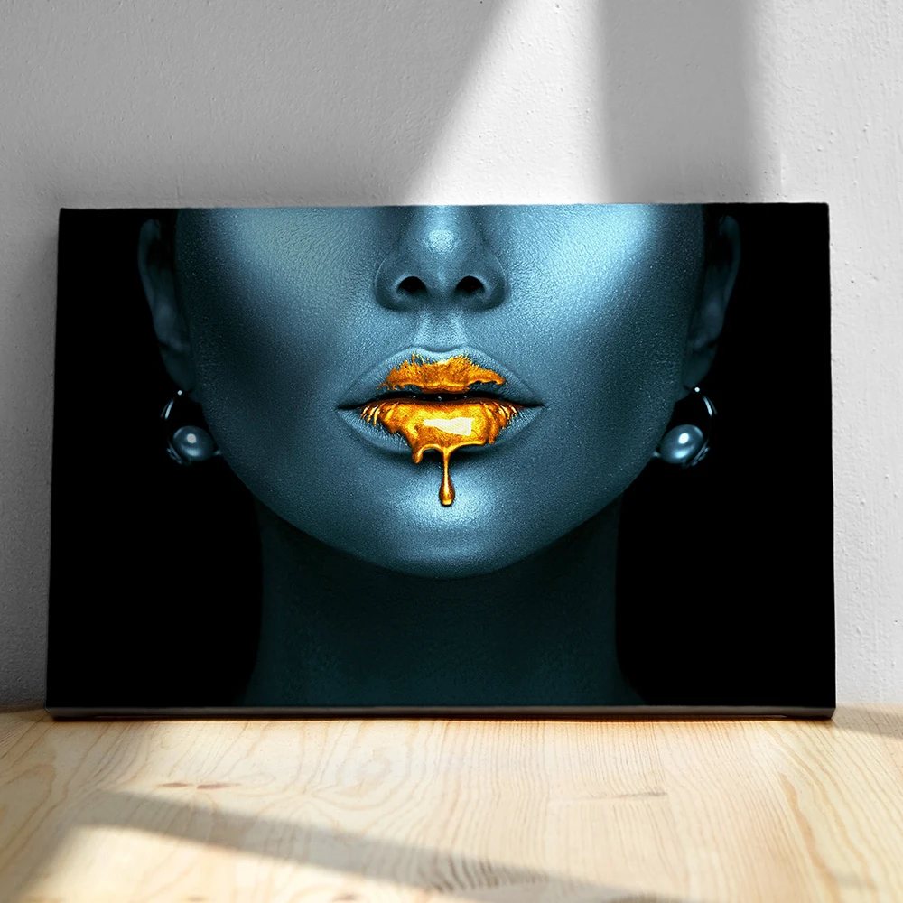 

Modern Gold Paint Lips Posters Abstract Dark Blue Skin Canvas Paintings for Bedroom Wall Art Print Pictures Interior Home Decor