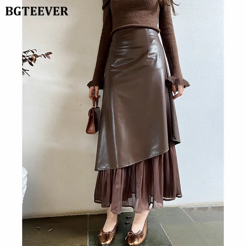 

BGTEEVER Stylish Mesh Patchwork PU Skirts Women Spring Slim Female PU Leather Skirts