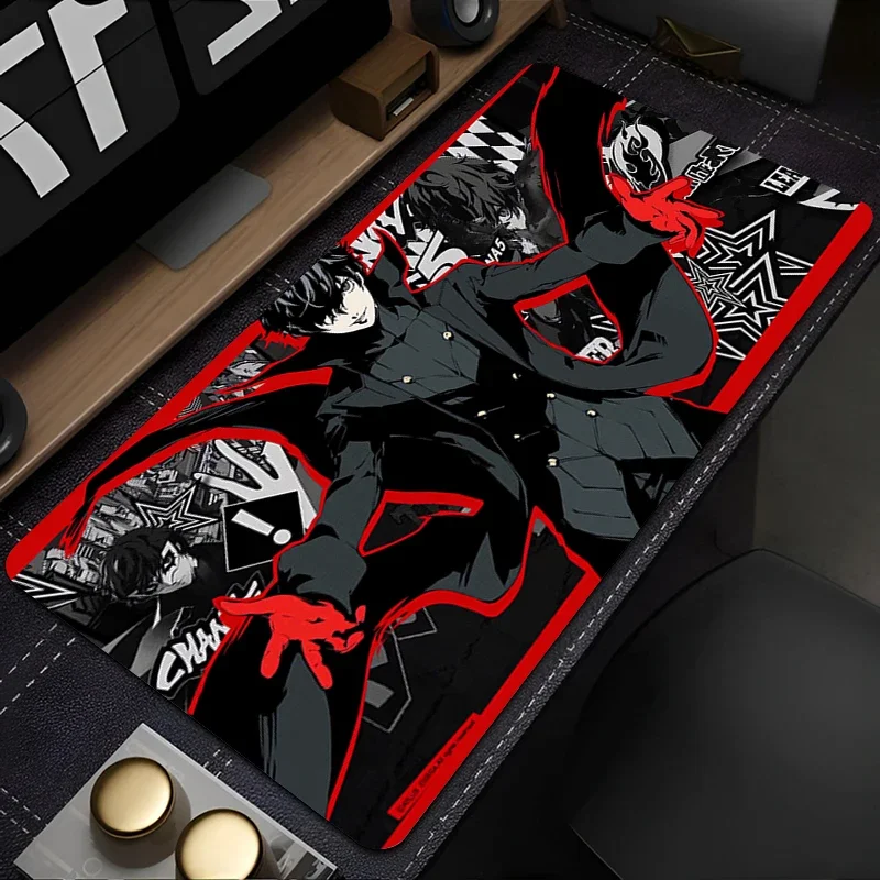 Gaming-Mauspad, große Schreibtischunterlage, rutschfest, genähte Kanten, Persona 5 Joker Anime-Druck, Tastaturunterlage für Gamer, Home-Office