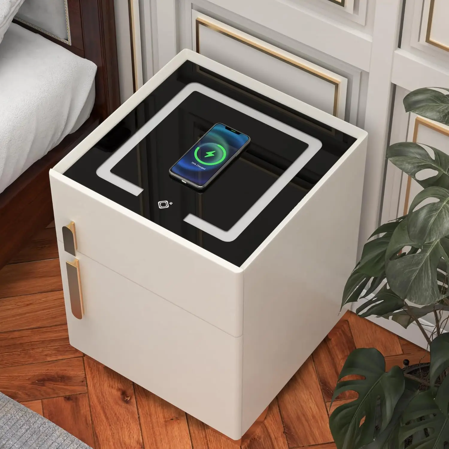 Nightstand with Safe, 1 Drawer Night Stand, Tempered Glass Tabletop with Touch LED Light and Wireless, Customized