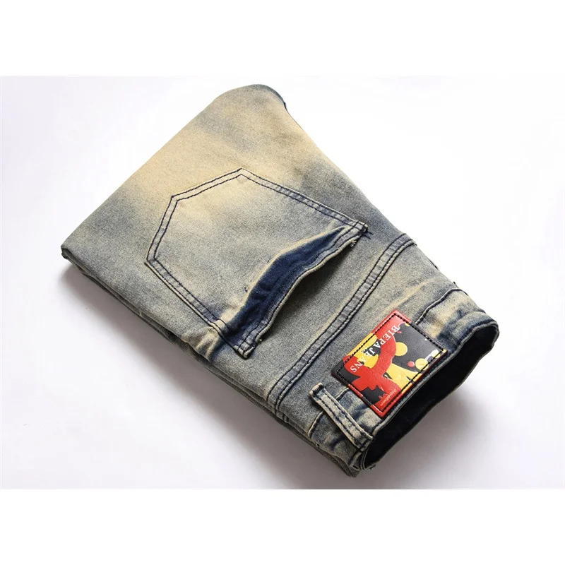 Fashion trend High Street printed jeans men's slim-fitting cool street stretch pencil pants slim fit ankle tight trousers