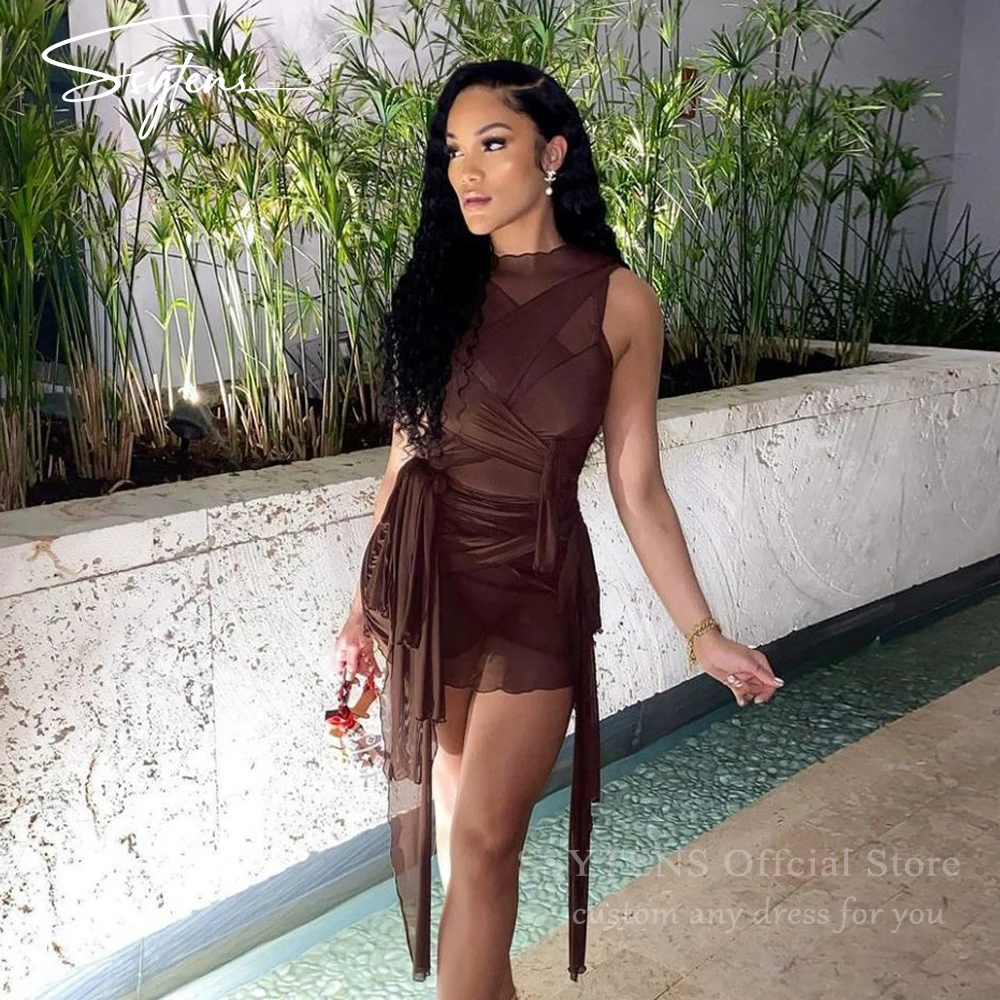 

SSYTENS Modern Brown Short Evening Dresses Sleeveless Plus Size Cocktail Dresses Pleated Sexy Club Night Party Gowns Customiz