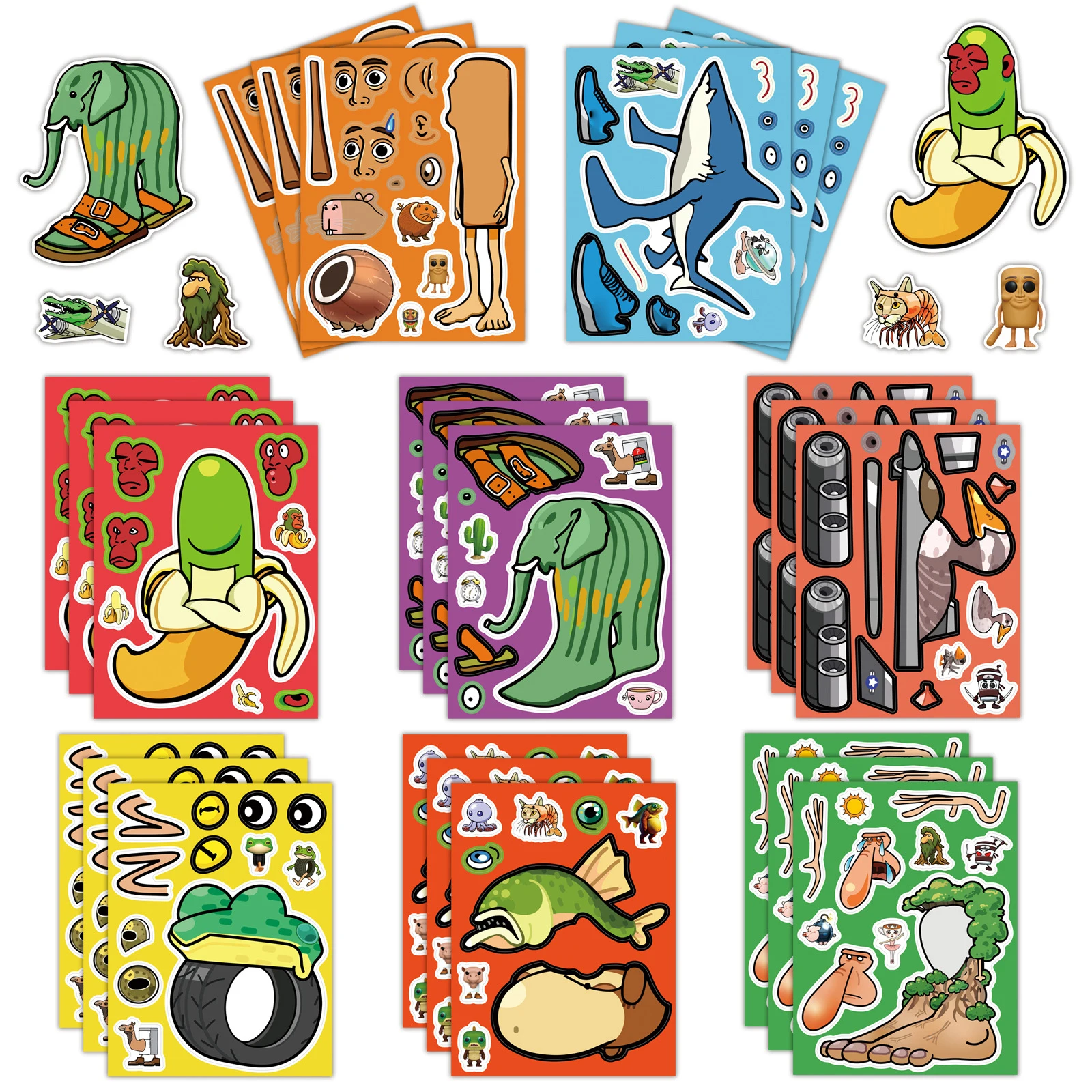 8Sheets Abstract Animal Make a Face Puzzle Stickers Tung Tung Sahur Italian Brainrot Animals Decal Assemble Jigsaw