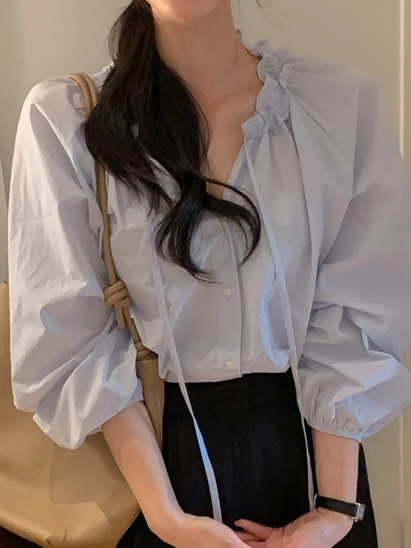 

Новая шикарная весенняя женская блузка в корейском стиле с кружевным воротником-лепестком, свободного кроя, с длинным рукавом, модный элегантный топ