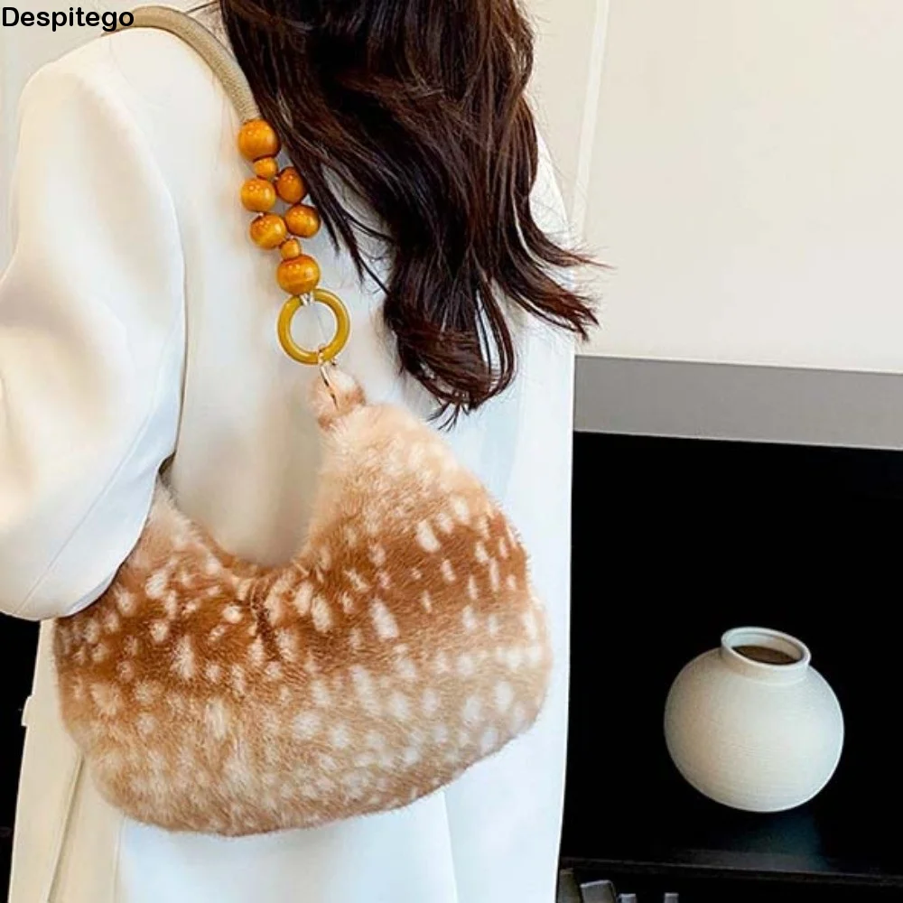 Shoulder Purse Deer Print Crescent Bag Wooden Beads Soft Handbag Half Moon Trendy Design Faux Fur Tote Commuting