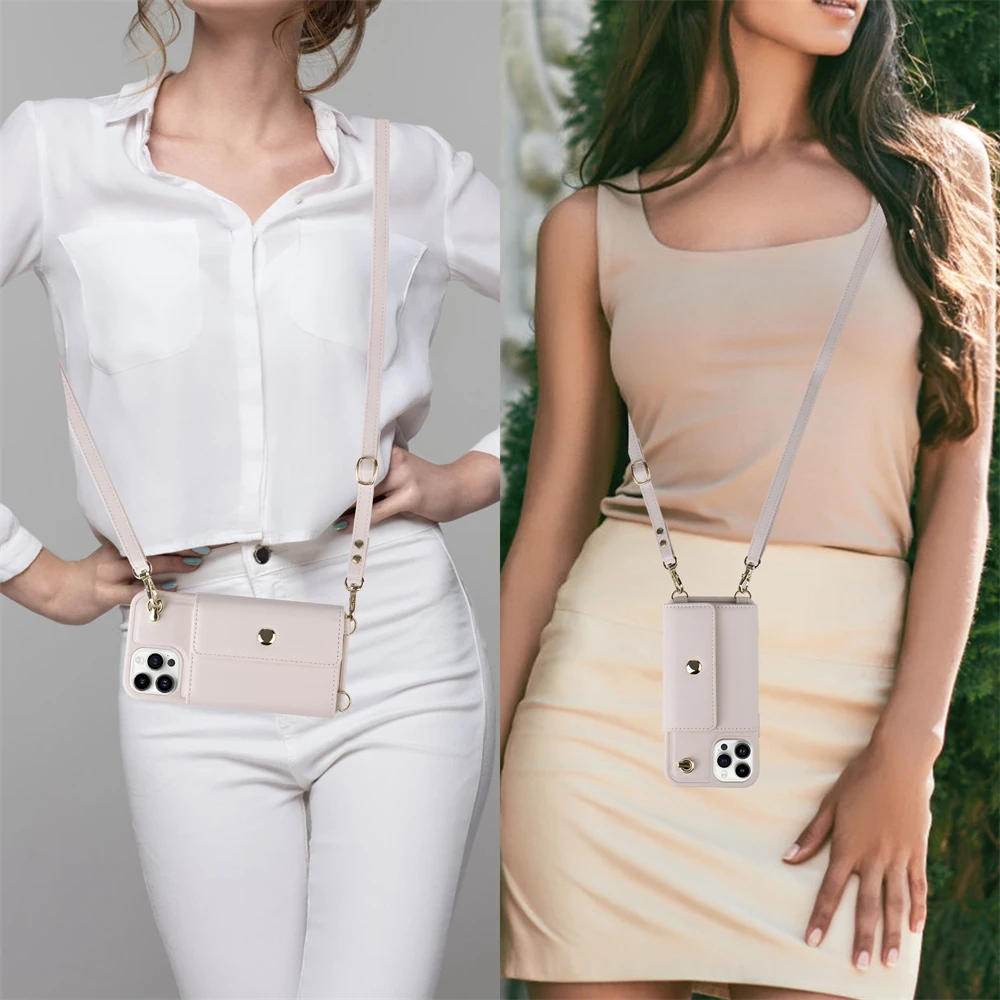 Wallet Shoulder Strap Phone Case For iPhone 15 Pro Max 14 13 12 11 Pro Max 15 Plus 14 Plus Leather Card Slot Lanyard Back Cover