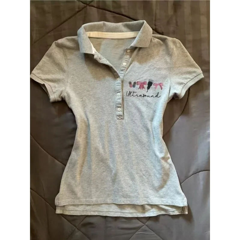 

American Retro Grey Polo Neck T-shirt Harajuku Pattern Print Short-sleeve Tshirts Vintage Slim Tees Women Y2k Street Hottie Tops