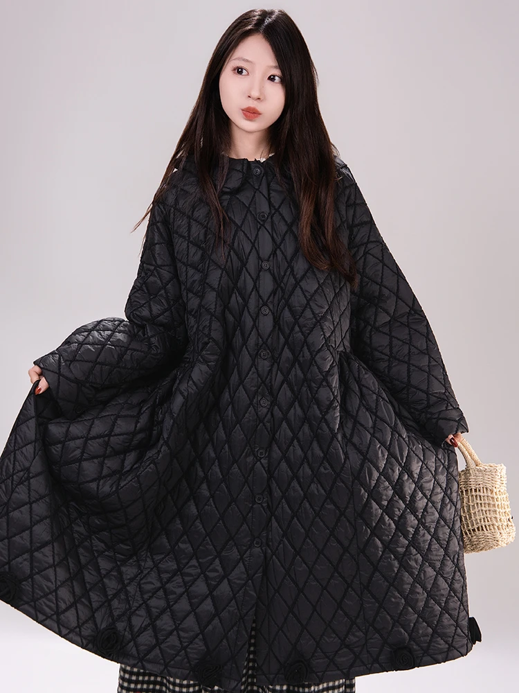 

Artisanal Sle Long Cotton Jaet Sweet Doll Collar Diamond Stitch 3D Flower Bla Women's Winter Faion Loose Fit Button P...