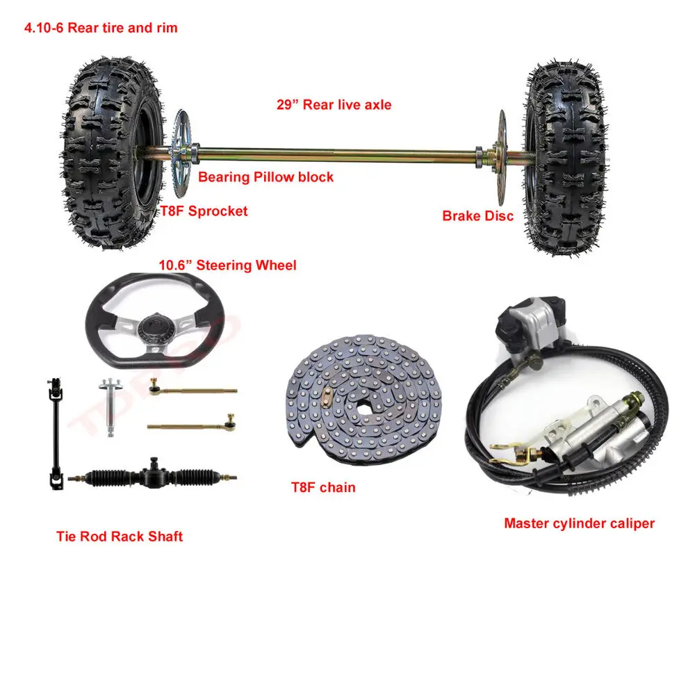 

29-дюймовый комплект задней живой оси для картинга, переднее рулевое управление, колеса 6 дюймов, детали для картинга для дрифта, трайка, квадроцикла, квадроцикла, UTV