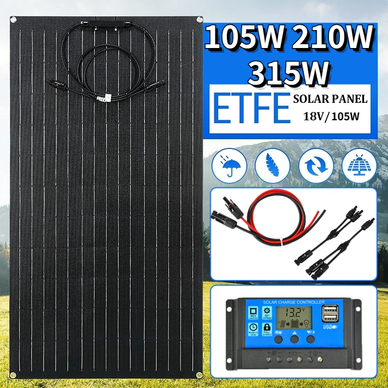 Solar Panel Kit 18V 105W 210W 315W Flexible Solar Panel 12V 24V Waterproof Monocrystalline Solar Cell with 30/60/100A Controller