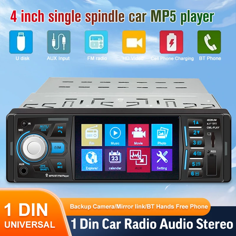 1 Din Car Radio 4 Inch Car Stereo Multimedia MP5 Player FM Receiver Touch Screen Mirrorlink Bluetooth/AUX/USB/TF With Camera