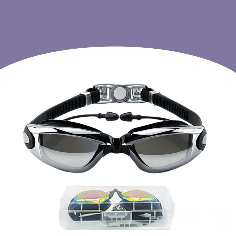 Waterproof Myopia Swim Goggles Electroplating Big Frame Swim Glasses with Earplugs Adjustable HD Lens Anti-fog Swimming Eyewear