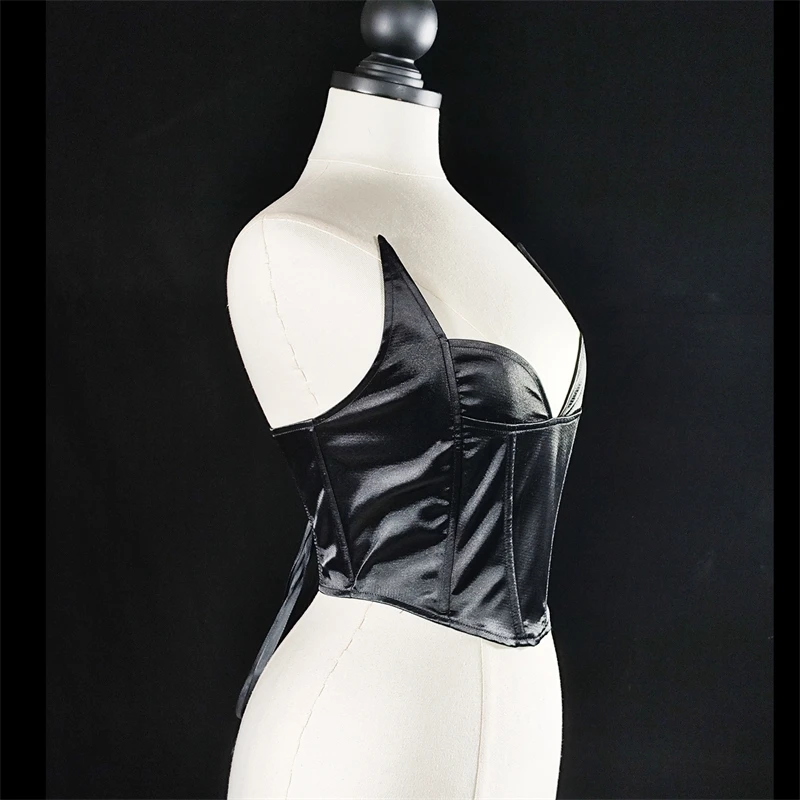 

Women Elegant Black Satin Corset Bustier Top Gothic Gorset Sexy Bodices Tight Shaping Lace Up Boned Strapless Bodice Crop Tops
