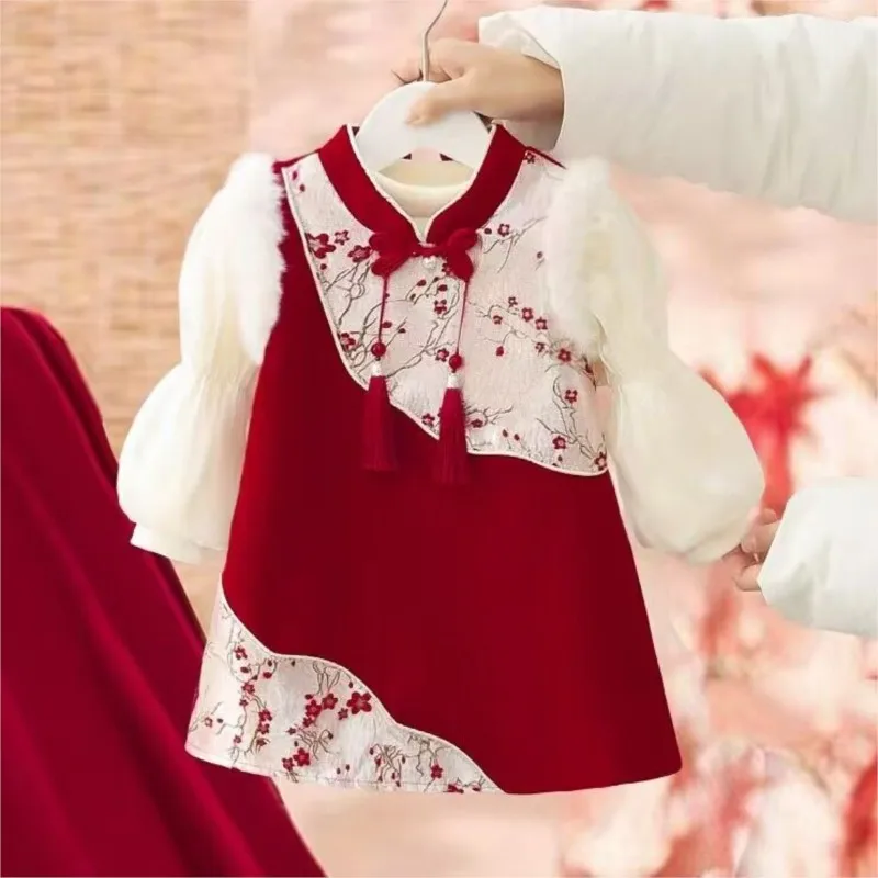 

Girls' Red Hanfu Cheongsam Dress 2-Piece Set Autumn/Winter 2026 Baby's New Year Dress Children's Chinese Style Qipao Dress LI989