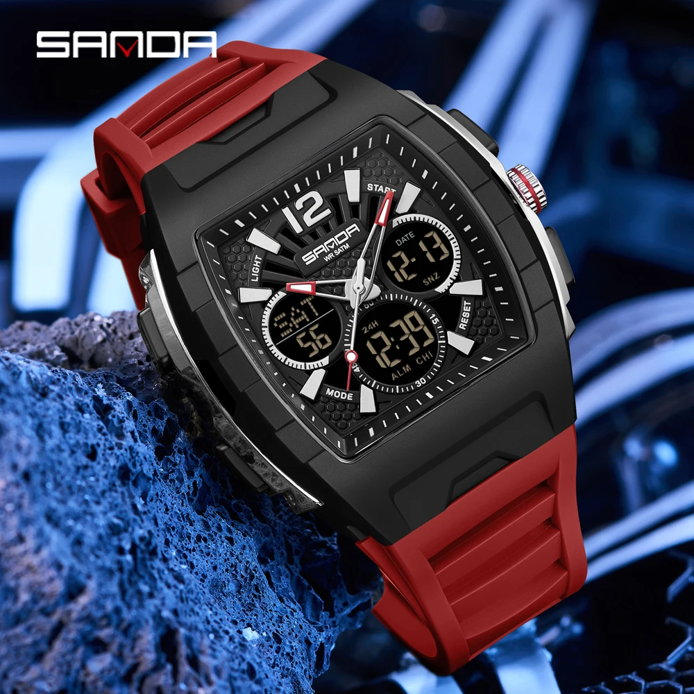 

SANDA 3396 Hot Selling Men's Dual Display Digital Watch Luminous Waterproof TPU Large Dial Chronograph Calendar Male Wristwatch