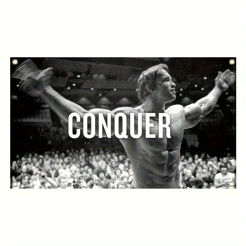 Bandera de gimnasio de Arnold Schwarzenegger Conquer, bandera decorativa colgante de pared para culturismo y motivación de cualquier tamaño