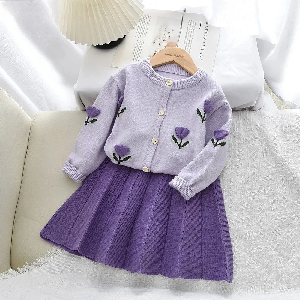 Purple Autumn and Winter New Knitted Sweater Flower Long Sleeve Cardigan + Short Skirt Two-piece Set Girls Clothes