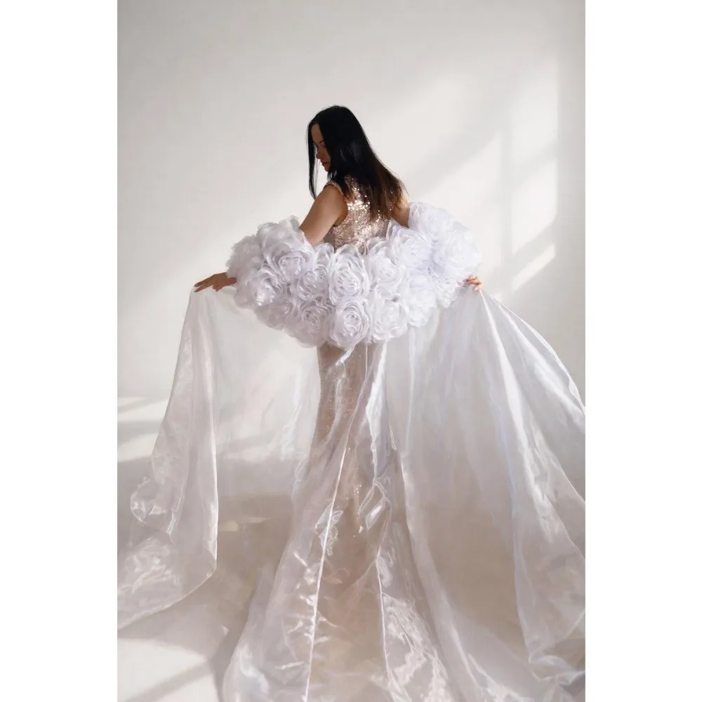 Shoulder Cape Elegant White 3D Floral Organza Bridal Cape Oversized Rose Sleeve Detachable Wedding Photoshoot Overskirt ES6491D
