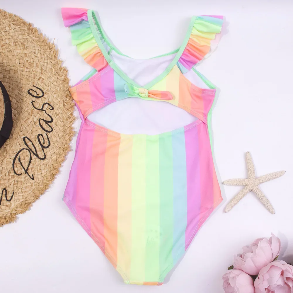 Baby Girls One Piece Swimsuits Rainbow Print Backless Swimwear for Children Summer Kids Bathing Suits Bikinis 3-7 Years Children