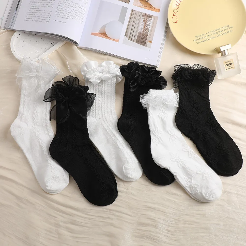 

girl Cute lolita Lace socks Lady Princess Bow Pile pile socks kids white LOLita lace mid-tube socks chaussette montante enfant