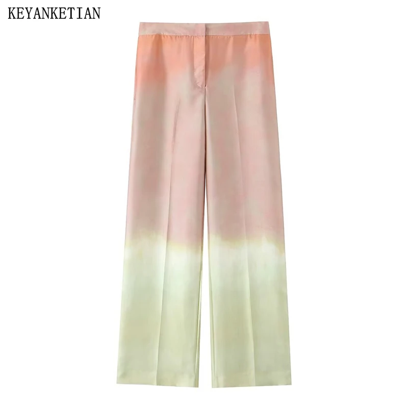 

KEYANKETIAN 2025 Summer New Women's Tie dye Pink Print Satin Straight Pants Leisure style Zipper High Waist Long Trousers Thin