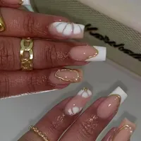 24pc White Edge French Fake Nails Medium Long Acrylic Nails Press Ons with Simple Gold Swirl Flower Designs French Press on Nail