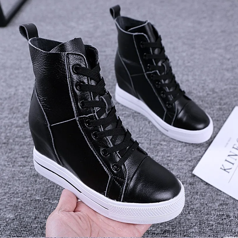 Autumn Women Genuine Leather 8cm Hidden Wedge Sneakers Platform Shoes High Heels Sneakers Woman Casual Shoes White Women Trainer