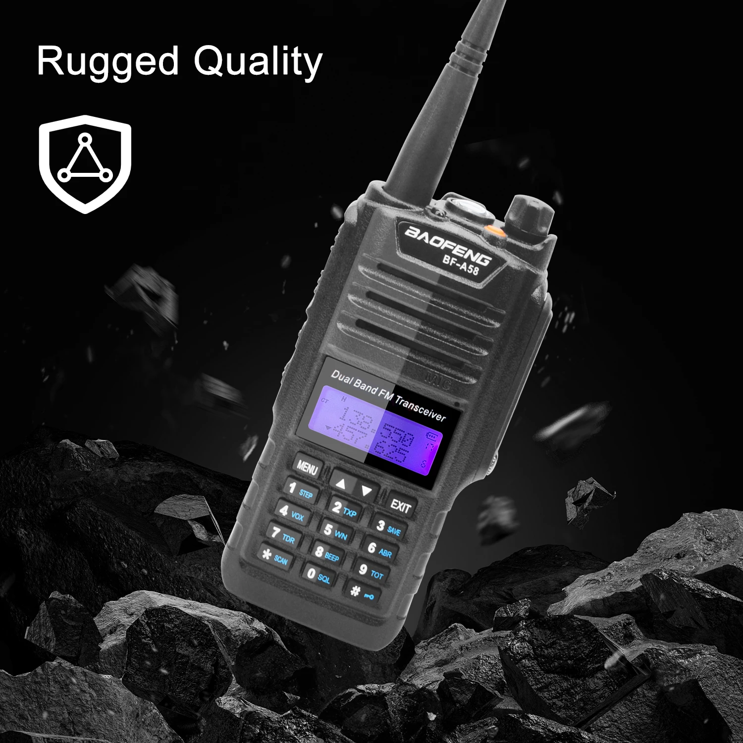 Baofeng-BF-A58 Walkie Talkie, IP57, impermeável, Dual Band, FM, resistente a estilhaçar poeira, rádio bidirecional com fone de ouvido, 5W, 128Ch, VHF, UHF