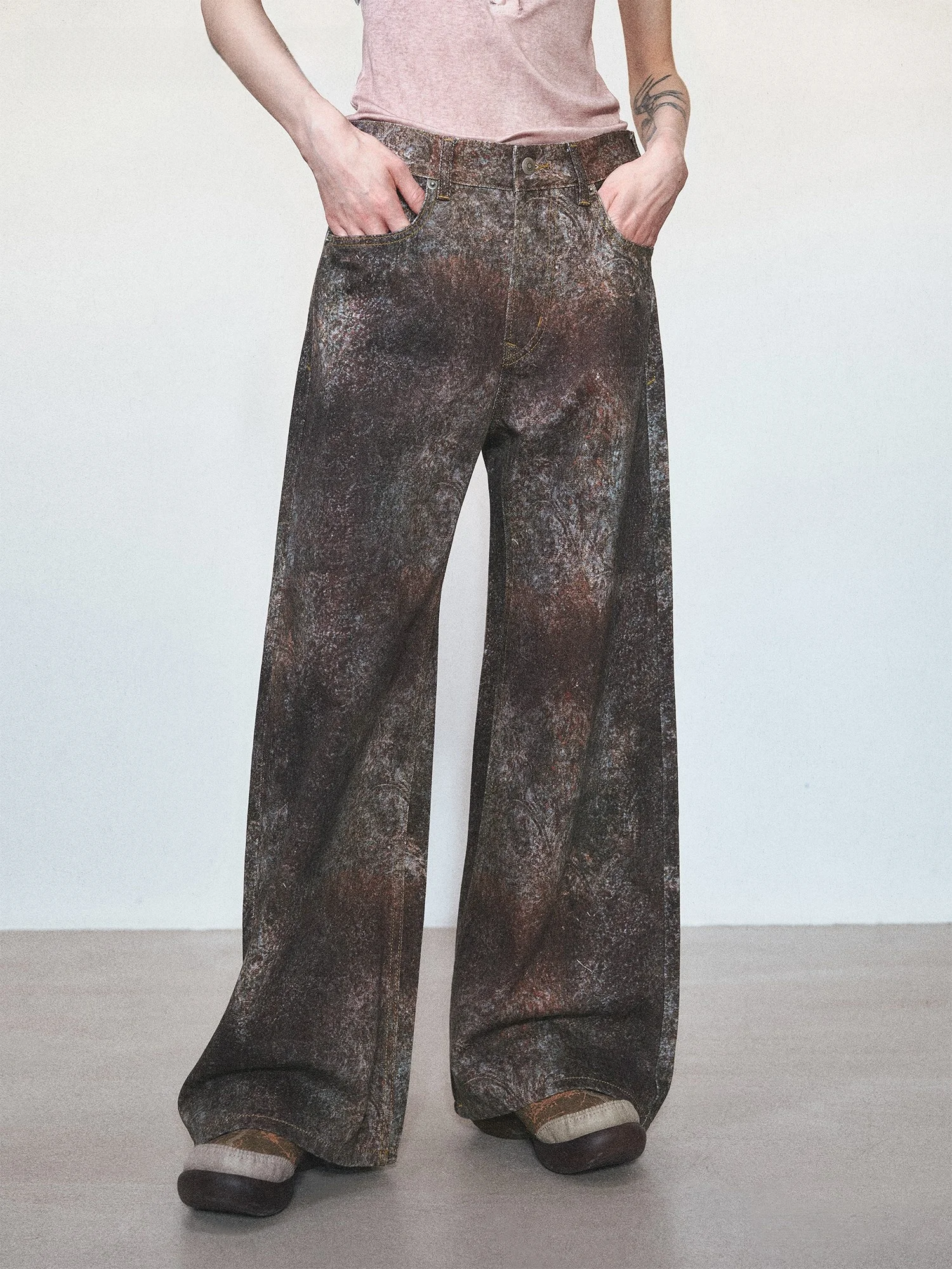 

VERMO Retro Washed Loose Printed Bootcut Denim Jeans Women's Low Waist Wide Leg Pants Spring Season All Weather Use