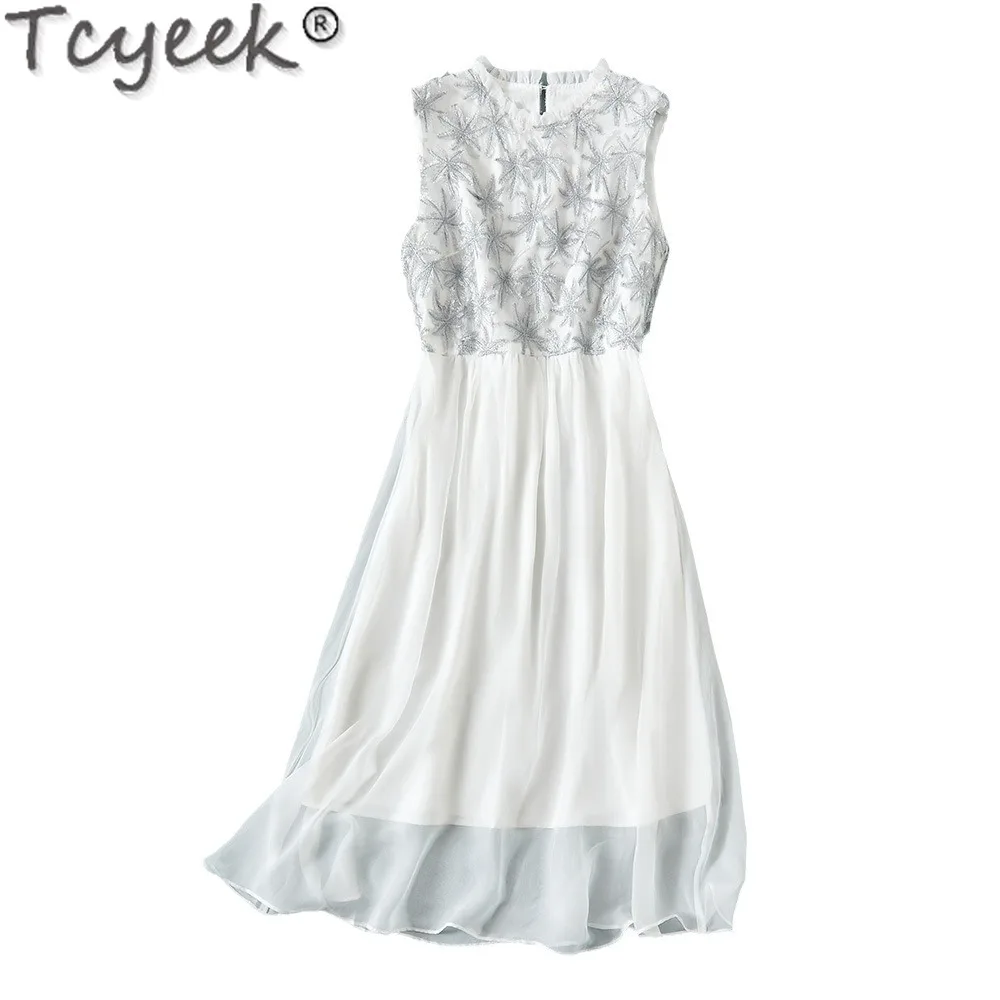 Tcyeek Real Mulberry Silk Womens Dresses New Style 2024 Elegant Dresses for Women Clothes Embroidery Summer Dress Sleeveless