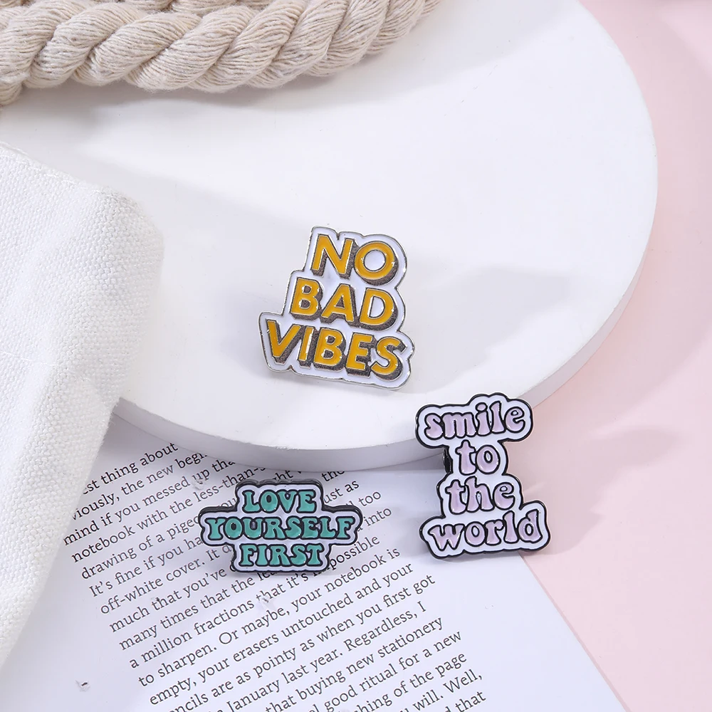 Letter Live In The Present Love Yourself First Enamel Brooches No Bad Vibes /Never Give Up Words Pins Book ON World OFF Badge