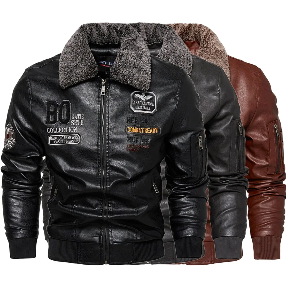 

High Quality Man Fur collar Warm Jackets Business Slim fit Leather Bomber Jacket Men Slim Leather Flight Jacket Black Pilot Coat