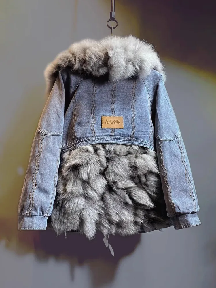 Inverno nuovo addensato parka di pelliccia antivento donne piumino grande collo di pelliccia di volpe cappotto di pelliccia reale giacca di jeans