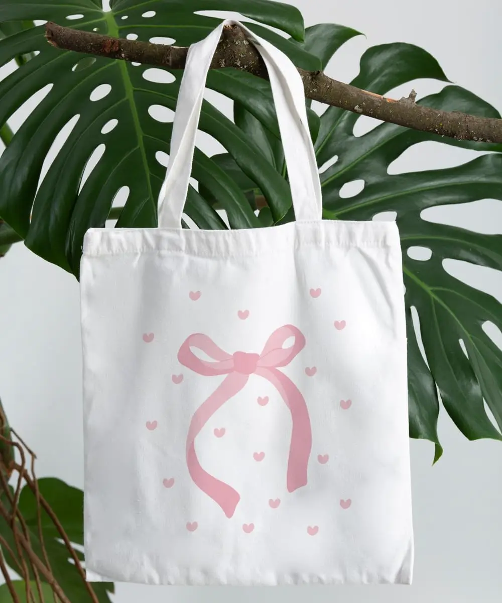 

Pink Bow Heart-shaped Canvas Handbag Women's Fashionable Shopping Handbag Reusable Grocery Bag Versatile for Daily Leisure Use