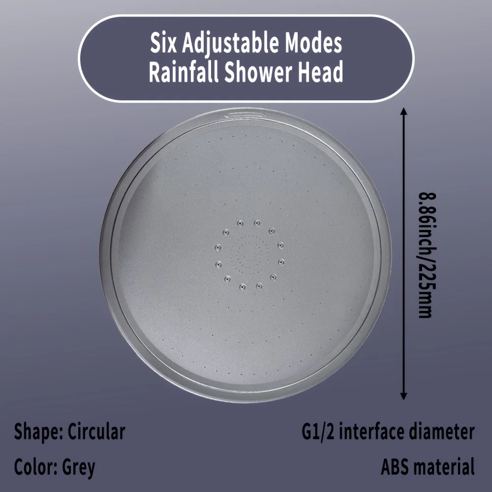 High Pressure Adjustable Rainfall Shower Head, 6 Effluent Modes, Grey, 8.86" Large Head, Pressurized Single-head, Bathroom Acces