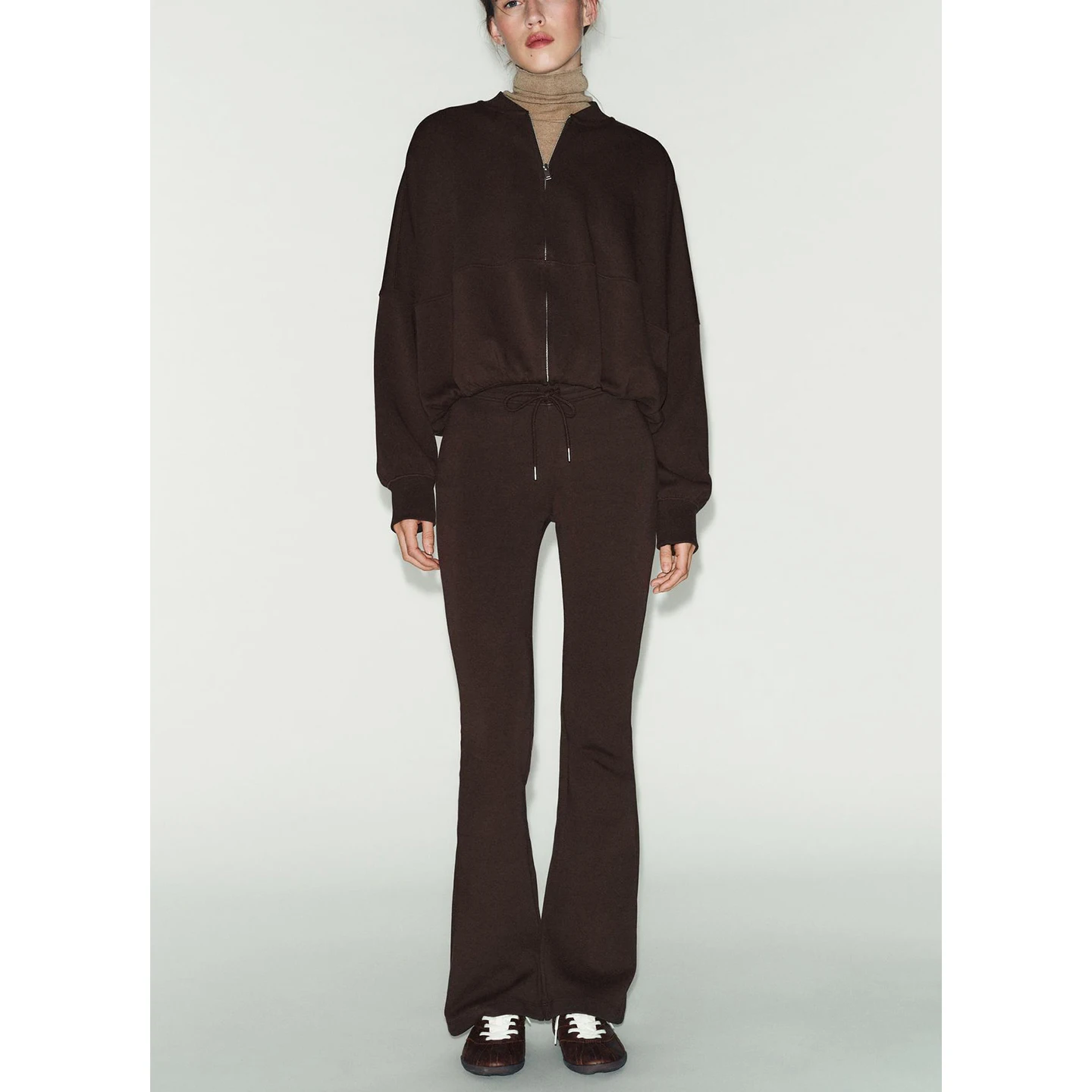 High Waist Belted Double-Faced Fabric Flared Pants And Pilot Jaet Combo Casual Sle Long Sve round Ne Faion Set for...