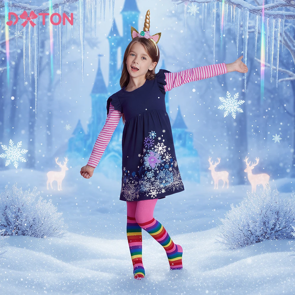 

DXTON Toddler Girls Daily Dress Striped Long Sleeve Fake Two Kids Dresses Snowflakes Children Winter Cotton Dress with Pocket