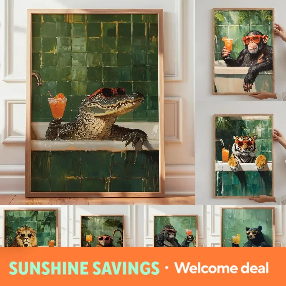 1pc Frameless Crocodile,Orangutan,Lion Lying in The Bathtub Canvas Painting Printing,Green Pink Wall,for Toilet Bathroom Deco