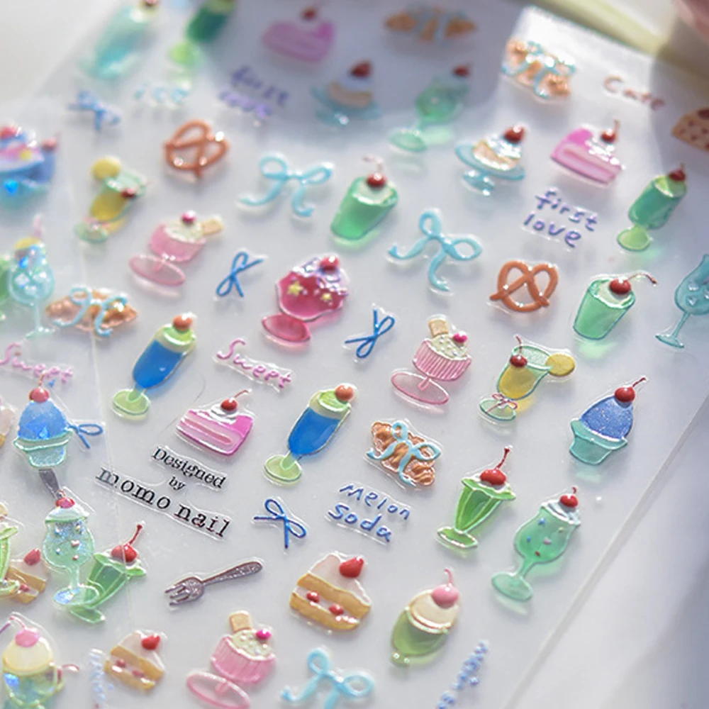 Dulce oso postre 5D Nail Art pegatina Bowknot cereza fresa pastel helado estrella corazón pata autoadhesivo manicura calcomanía DIY
