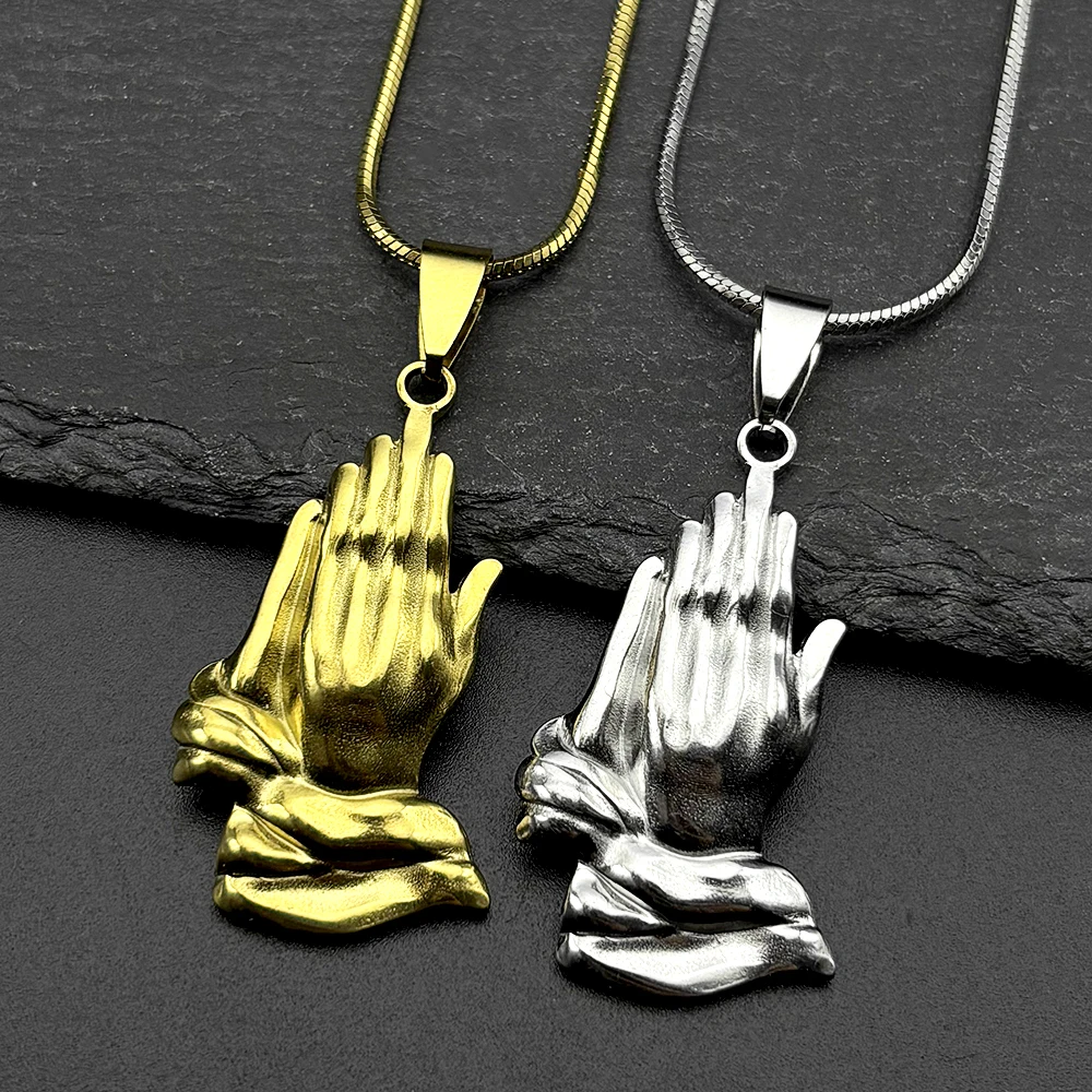 Christian Praying Hands Stainless Steel Pendant Necklaces for Women Men Gold Color Catholic Religious Faith Chain Jewelry Gift