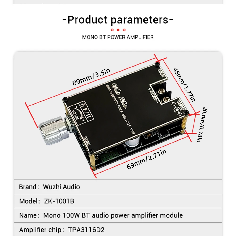 ZK-1001B TPA3116 100W Audio Amplifier Board DC 7V 24V TPA3116 Mono Channel Digital Audio Amplifier Board