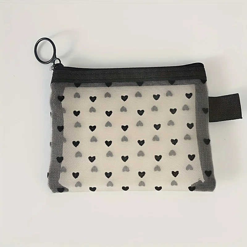 Transparent Heart-Shaped Cosmetic Bag, Set of 2, Beige and Black, Foldable with Lipstick Holder, Travel Portable Small Item Organizer, Multifunctional Storage Bag